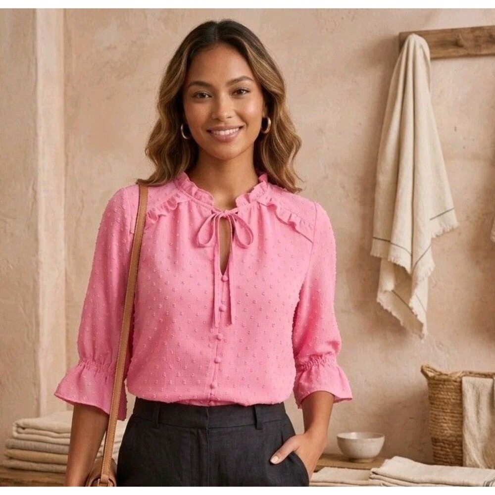 Cece Plink Ruffle Blouse Pink With 3/4 Length Sleeve And a tie detailSize L